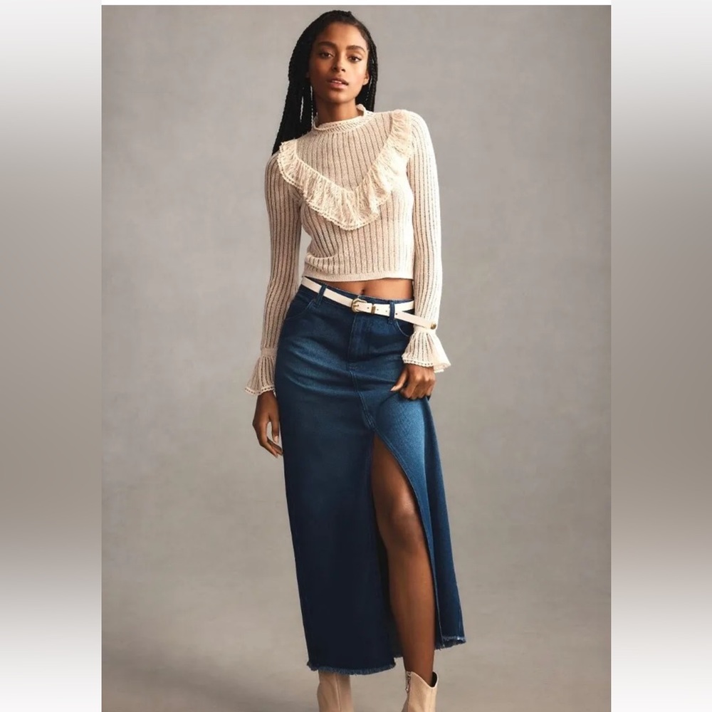 Anthropologie Pilcro Madi Front Slit Denim Maxi Skirt Raw Hem Blue